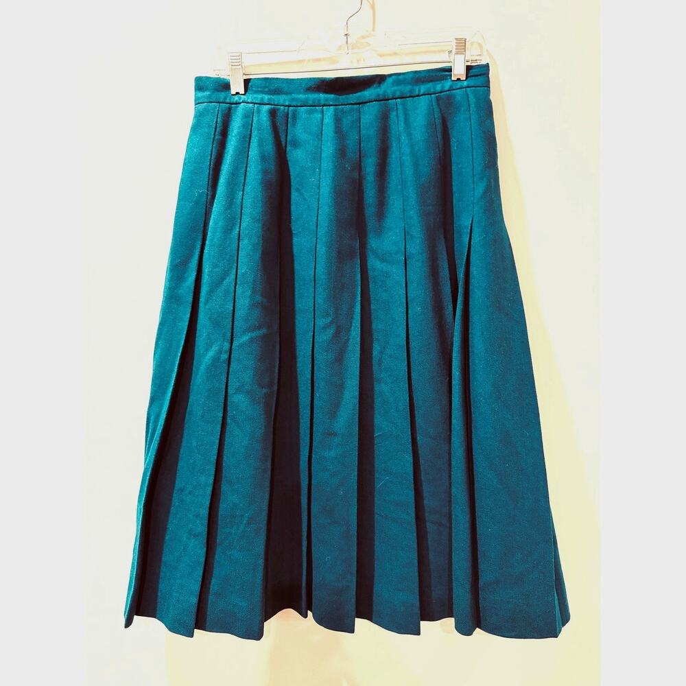 Vtg LL Bean Wool Pleated Knee Length Skirt Sz 14 Teal Blue Green